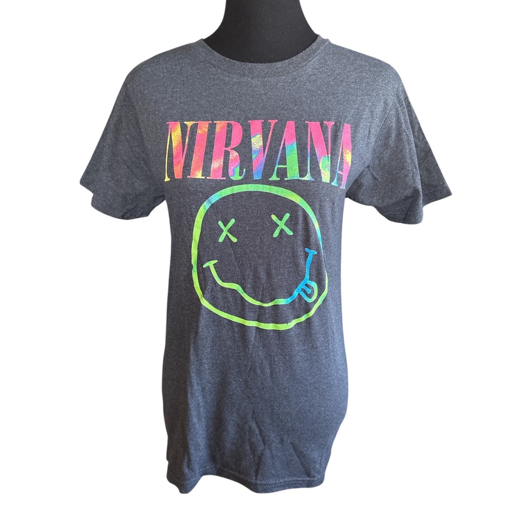 Nirvana Dark Gray Neon Rainbow Smiley Face Grapic T-Shirt, Size Medium, Y2K